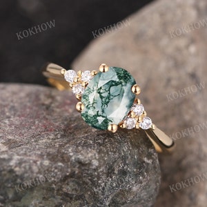 Moss Agate engagement ring vintage Oval 14K gold Ring unique dainty Cluster diamond moissanite wedding ring bridal Promise ring Anniversary
