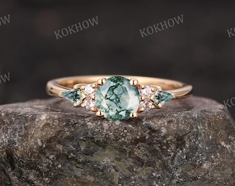 Moss Agate engagement ring round vintage solid gold Ring unique Cluster kite cut green Agate moissanite wedding ring bridal ring for women