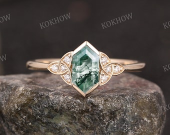 Hexagon Cut Moss Agate engagement ring Art Deco 14K gold Ring unique Cluster diamond moissanite wedding ring bridal Promise ring For Women