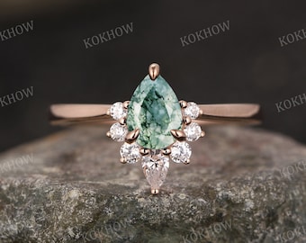 Moss Agate engagement ring unique pear rose gold Ring vintage Cluster diamond moissanite wedding ring bridal Promise ring women Anniversary