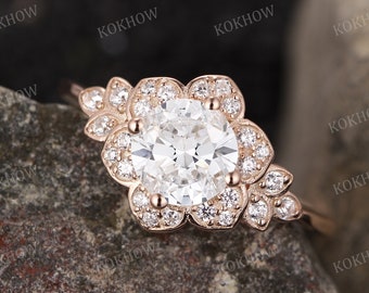 Moissanite engagement ring unique round cut solid 14k rose gold Ring vintage Cluster Flower ring diamond wedding ring Promise ring for women