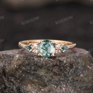 Moss Agate engagement ring round vintage solid gold Ring unique Cluster kite cut green Agate moissanite wedding ring bridal ring for women