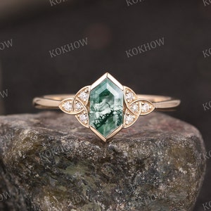 Hexagon Cut Moss Agate engagement ring Art Deco 14K gold Ring unique Cluster diamond moissanite wedding ring bridal Promise ring For Women