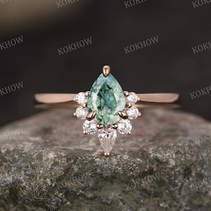 Moss Agate engagement ring unique pear rose gold Ring vintage Cluster diamond moissanite wedding ring bridal Promise ring women Anniversary