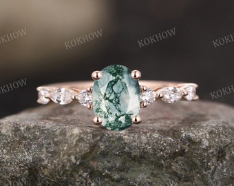 Moss Agate engagement ring vintage Oval 14K Rose gold Ring unique Cluster Marquise diamond moissanite wedding ring Promise ring Anniversary
