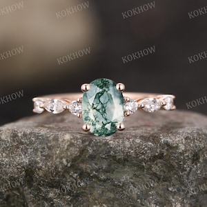 Moss Agate engagement ring vintage Oval 14K Rose gold Ring unique Cluster Marquise diamond moissanite wedding ring Promise ring Anniversary