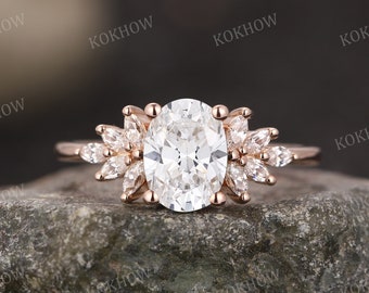 Moissanite engagement ring Oval cut art deco 14k solid gold Ring unique Cluster Marquise Diamond wedding ring bridal Promise ring for women