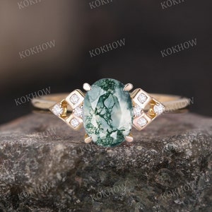 Moss Agate engagement ring Oval unique 14K gold Ring Art Deco Cluster Moissanite Ring wedding ring bridal Promise ring For Women anniversary