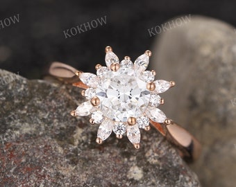 Moissanite engagement ring unique round cut 14k rose gold Ring vintage Cluster ring diamond wedding ring Promise ring for women Anniversary