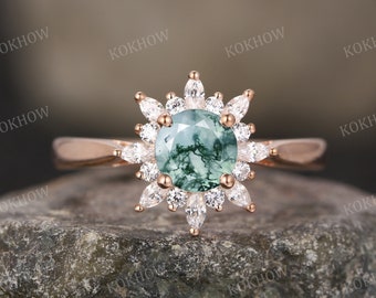 Moss Agate engagement ring unique round cut 14k rose gold Ring vintage Cluster ring diamond moissanite wedding ring Promise ring Anniversary