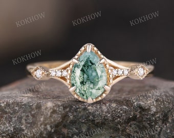Moss Agate engagement ring Pear unique 14K gold Ring Art Deco Cluster Nature Inspired Ring wedding ring bridal Promise ring For Women Gifts