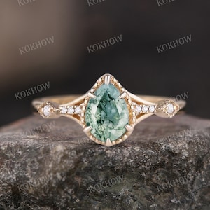 Moos Achat Verlobungsring Birne einzigartige 14K Gold Ring Art Deco Cluster Natur Inspiriert Ring Ehering Braut Versprechen Ring für Frauen Geschenke
