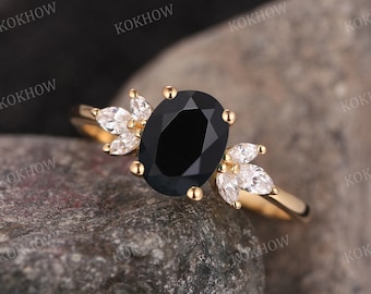 Black Onyx engagement ring Oval cut unique solid gold Ring vintage Cluster Marquise moissanite wedding ring Bridal Promise ring Anniversary
