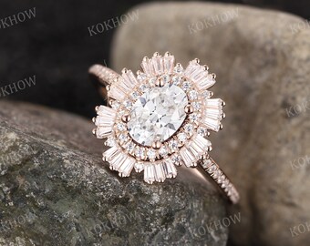 Moissanite engagement ring Oval cut Vintage solid gold Ring unique Cluster Moissanite wedding ring bridal Promise ring for women Anniversary