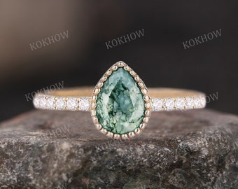 Natural Moss Agate engagement ring Pear unique 14K gold Ring Art Deco Cluster moissanite diamond wedding ring bridal Promise ring For Women
