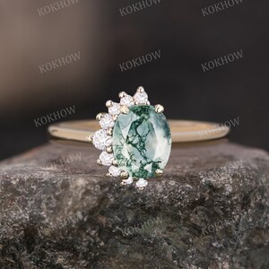 Anel de noivado de ágata musgo corte oval exclusivo anel de ouro 14K Art Deco cluster anel de moissanite anel de casamento anel de promessa de noiva presentes para mulheres