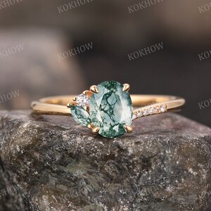Moss Agate engagement ring Oval unique 14K gold Ring Art Deco Cluster Marquise Moissanite Ring wedding ring bridal Promise ring For Women