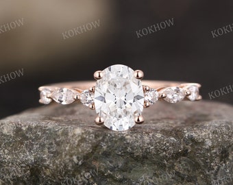 Oval cut Moissanite engagement ring art deco 14k solid gold Ring unique Cluster Marquise diamond wedding ring bridal Promise ring for women