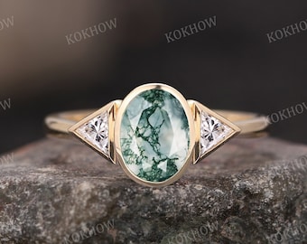 Moss Agate engagement ring Oval Cut 1.5CT unique solid gold Ring Art Deco Three Stone Ring wedding ring bridal Promise ring For Women gifts