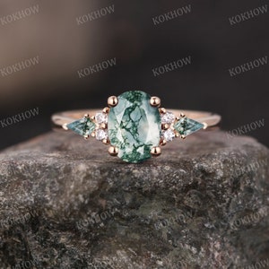 Mosagaat verlovingsring Ovale vintage massief gouden Ring unieke Cluster kite gesneden groene Agaat moissanite trouwring bruidsring Verjaardag afbeelding 9