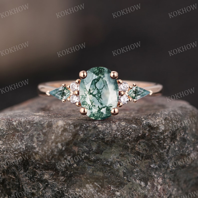 Moss Agate engagement ring Oval vintage solid gold Ring unique Cluster kite cut green Agate moissanite wedding ring bridal ring Anniversary image 9