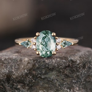 Mosagaat verlovingsring Ovale vintage massief gouden Ring unieke Cluster kite gesneden groene Agaat moissanite trouwring bruidsring Verjaardag afbeelding 3