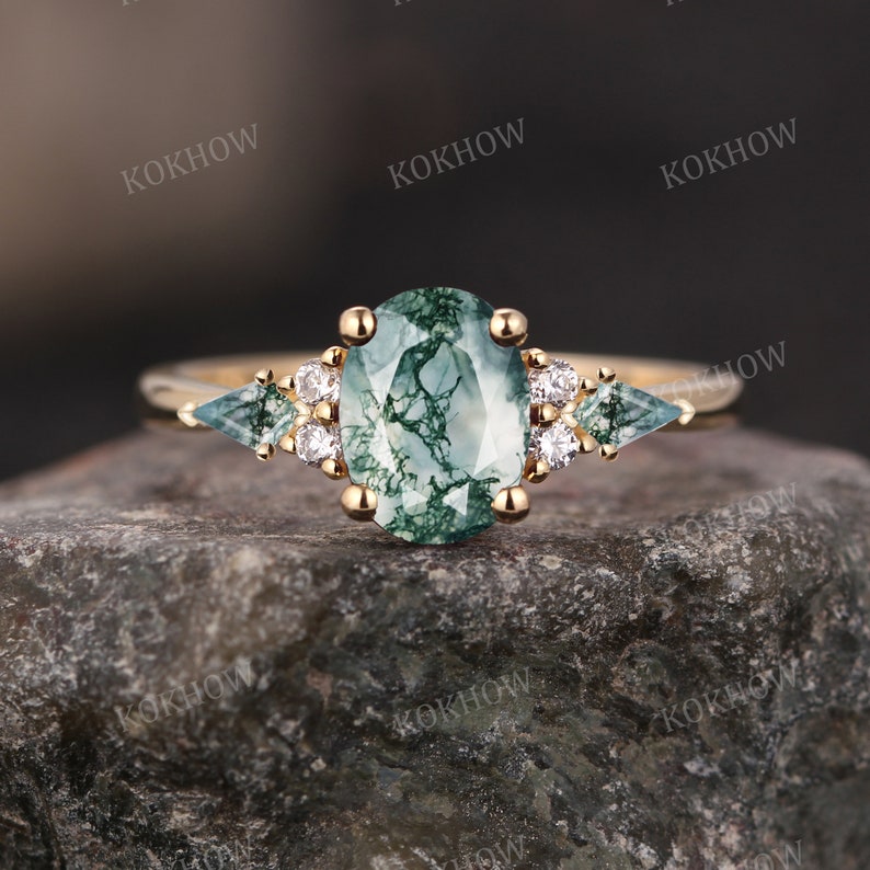 Moss Agate engagement ring Oval vintage solid gold Ring unique Cluster kite cut green Agate moissanite wedding ring bridal ring Anniversary image 3