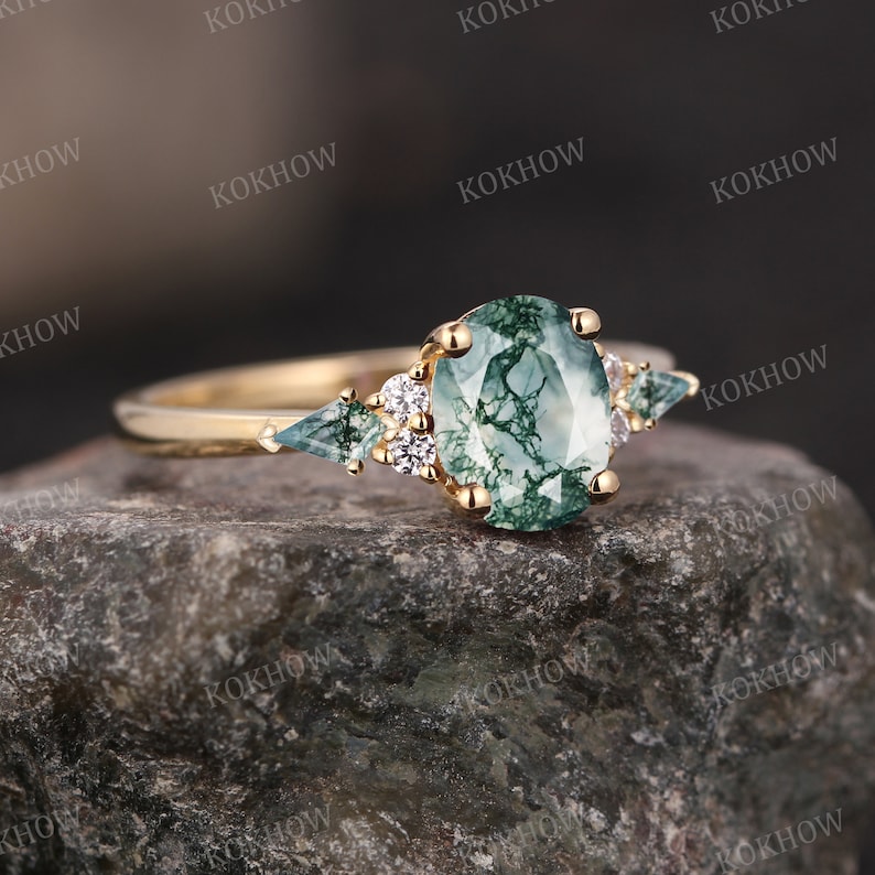 Mosagaat verlovingsring Ovale vintage massief gouden Ring unieke Cluster kite gesneden groene Agaat moissanite trouwring bruidsring Verjaardag afbeelding 7