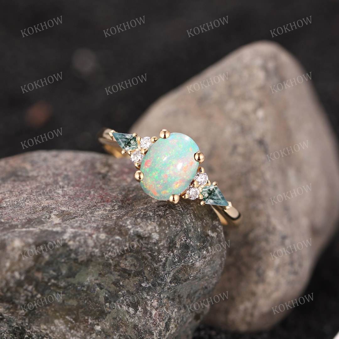 Natural Opal Engagement Ring Vintage Oval Cut Solid Gold Ring Unique ...