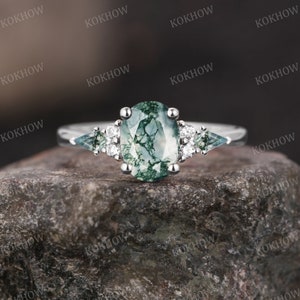 Mosagaat verlovingsring Ovale vintage massief gouden Ring unieke Cluster kite gesneden groene Agaat moissanite trouwring bruidsring Verjaardag afbeelding 10