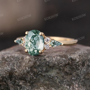 Moss Agate engagement ring Oval vintage solid gold Ring unique Cluster kite cut green Agate moissanite wedding ring bridal ring Anniversary image 4