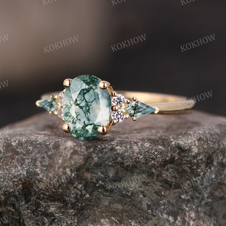 Moss Agate engagement ring Oval vintage solid gold Ring unique Cluster kite cut green Agate moissanite wedding ring bridal ring Anniversary image 4