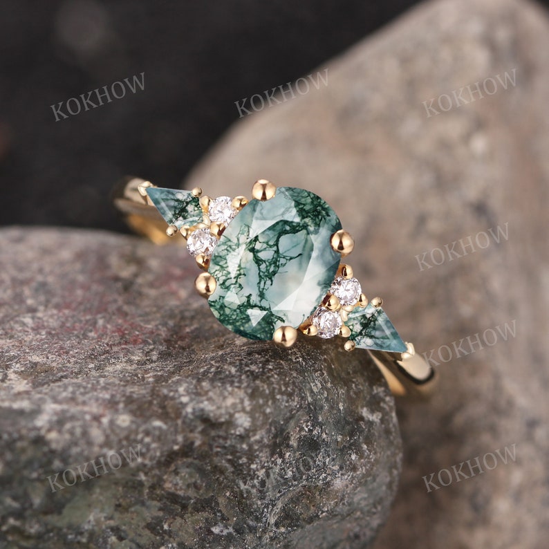 Moss Agate engagement ring Oval vintage solid gold Ring unique Cluster kite cut green Agate moissanite wedding ring bridal ring Anniversary image 1