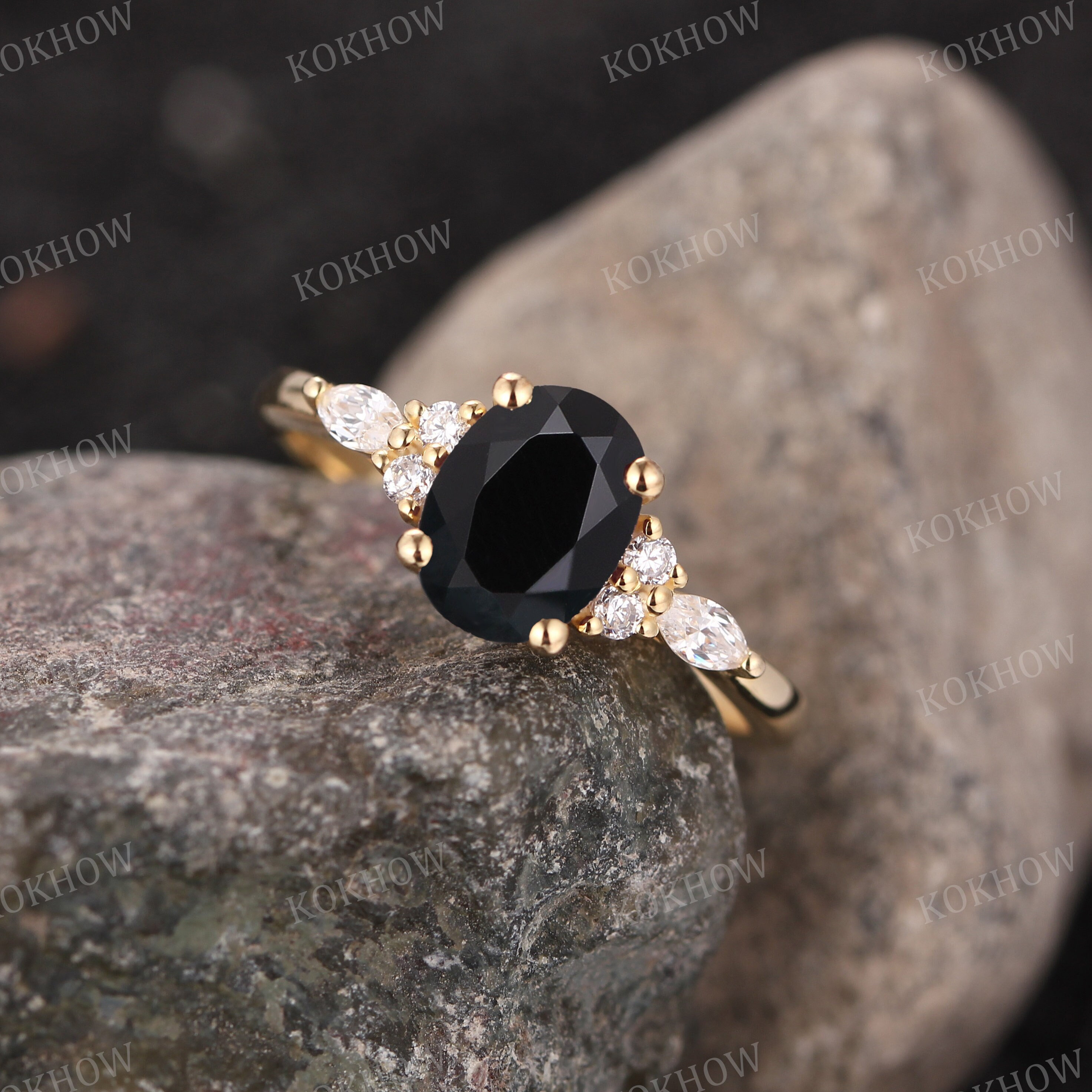 Oval cut Black Onyx engagement ring unique solid gold Ring art deco Cluster Marquise moissanite wedding ring Bridal Promise ring for women