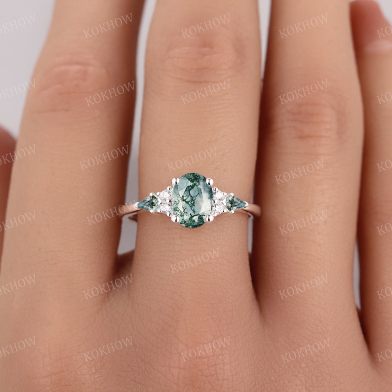 Moss Agate engagement ring Oval vintage solid gold Ring unique Cluster kite cut green Agate moissanite wedding ring bridal ring Anniversary image 6