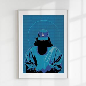 May include: A digital illustration of a person wearing a blue jacket and a blue baseball cap with the letters "LA" on it. The person is standing in front of a blue background with a white circle behind them.