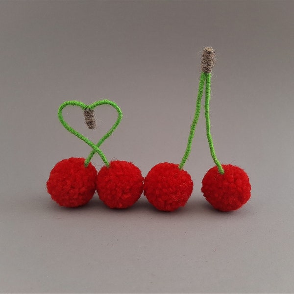 Lot de 2 cerises pompons, fruits pompons faits main, laine de décoration maison cerises