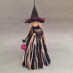 Hanging Witch Doll for Halloween Decoration, Kitchen Witch with Mini Pumpkin and Spell Book