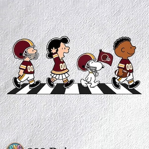 May include: A digital graphic featuring four cartoon characters walking on a crosswalk. They wear burgundy and gold football uniforms with the number 00. One character carries a football, and another holds a small flag. Text reads https://www.etsy.com/shop/GreenTerritorial and 300 Dpi.