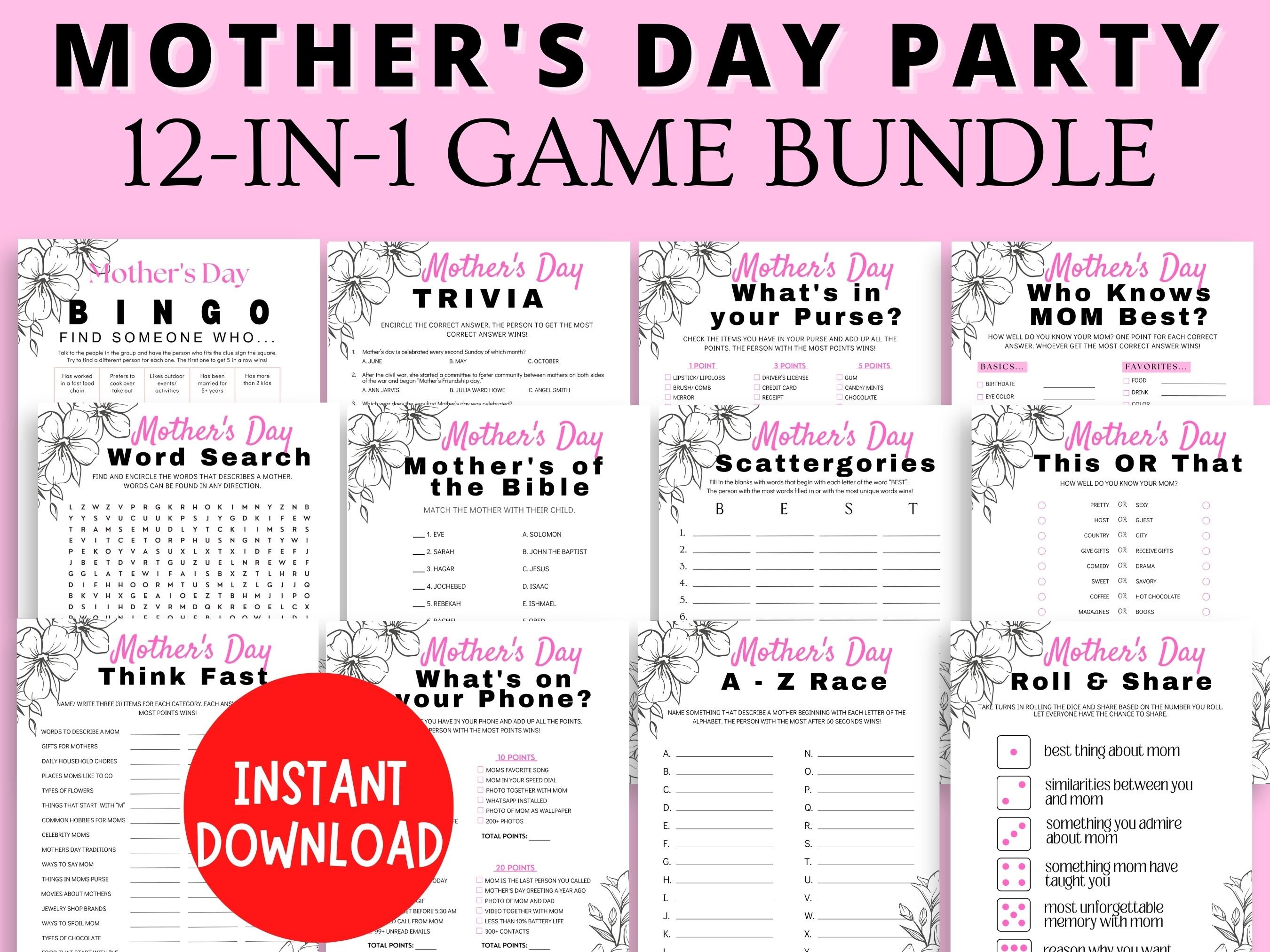 Mothers Day Party Games Bundle | Mothers Day Printable Games | Fun Mothers Day Activities | Family Games |Fun Games for Kids, Teens & Adults