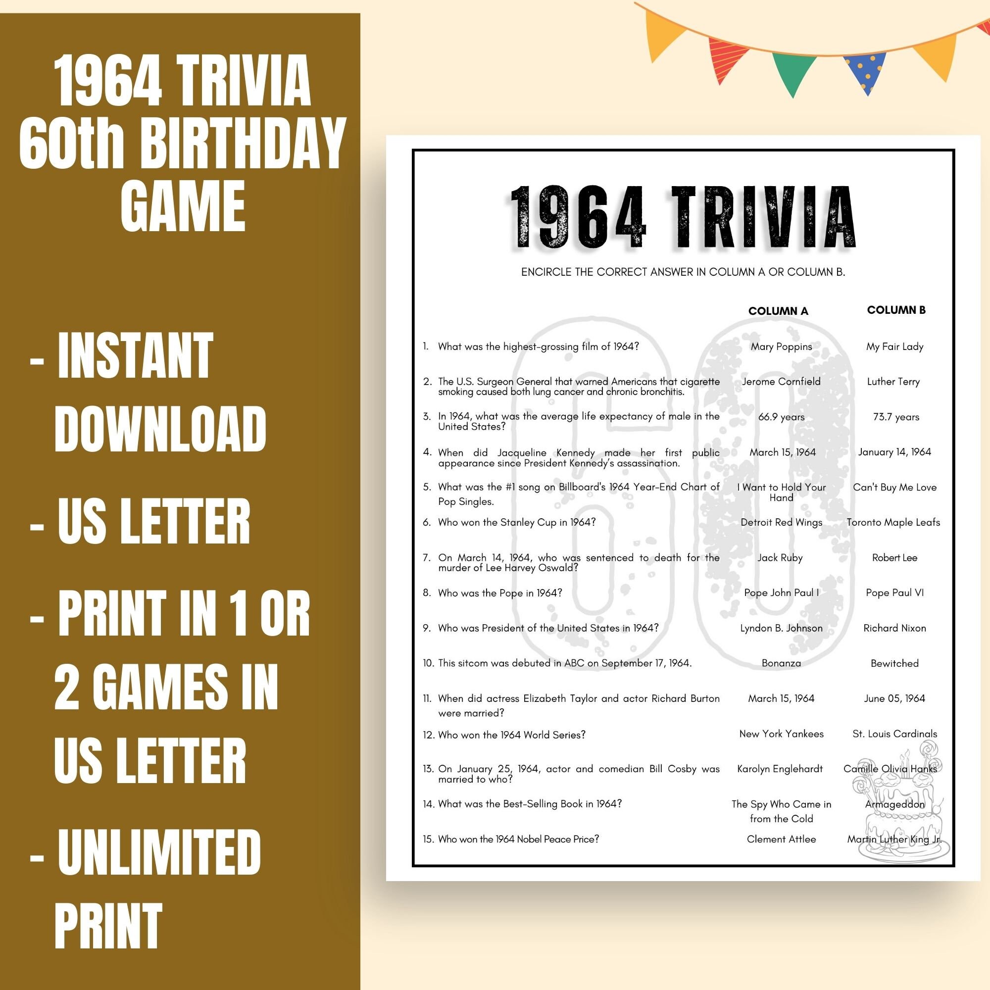 1964 Trivia Game Printable 60th Birthday Party Game 60th Birthday Party ...