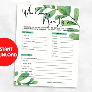 Baby Shower Who Knows Mom Best | Baby Shower Party Activity | Green Baby Shower | Printable Baby Shower Party Game | Instant Download