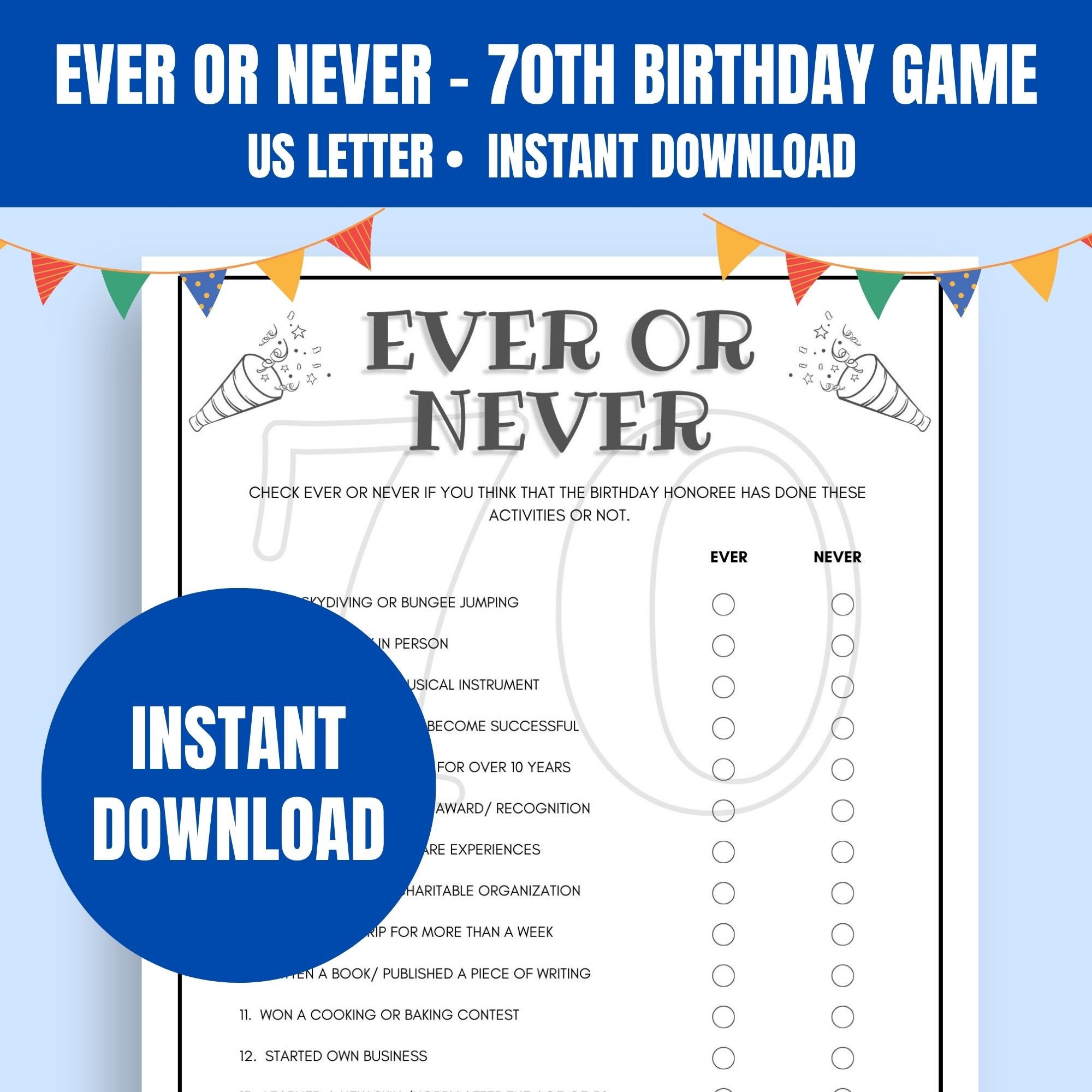 Ever or Never Birthday Game Printable 70th Birthday Party Game 70th ...