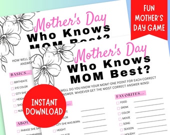 Who Knows Your Mom Best | Mother&#39;s Day Games Printable | Family Games| Mother’s Day Activities| Mother&#39;s Day Trivia |Mother’s Day Party Game
