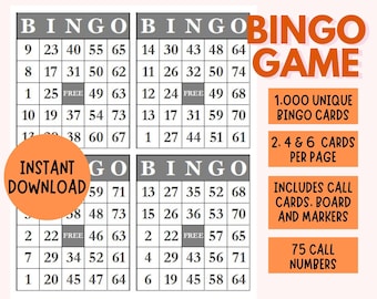 May include: A digital download for a bingo game with 1,000 unique bingo cards, 2, 4, and 6 cards per page, call cards, a board, and markers. The game includes 75 call numbers.
