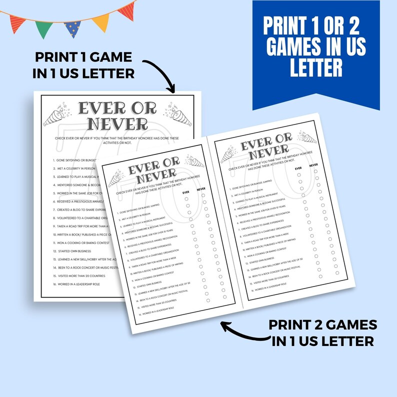 Ever or Never Birthday Game Printable 70th Birthday Party Game 70th ...