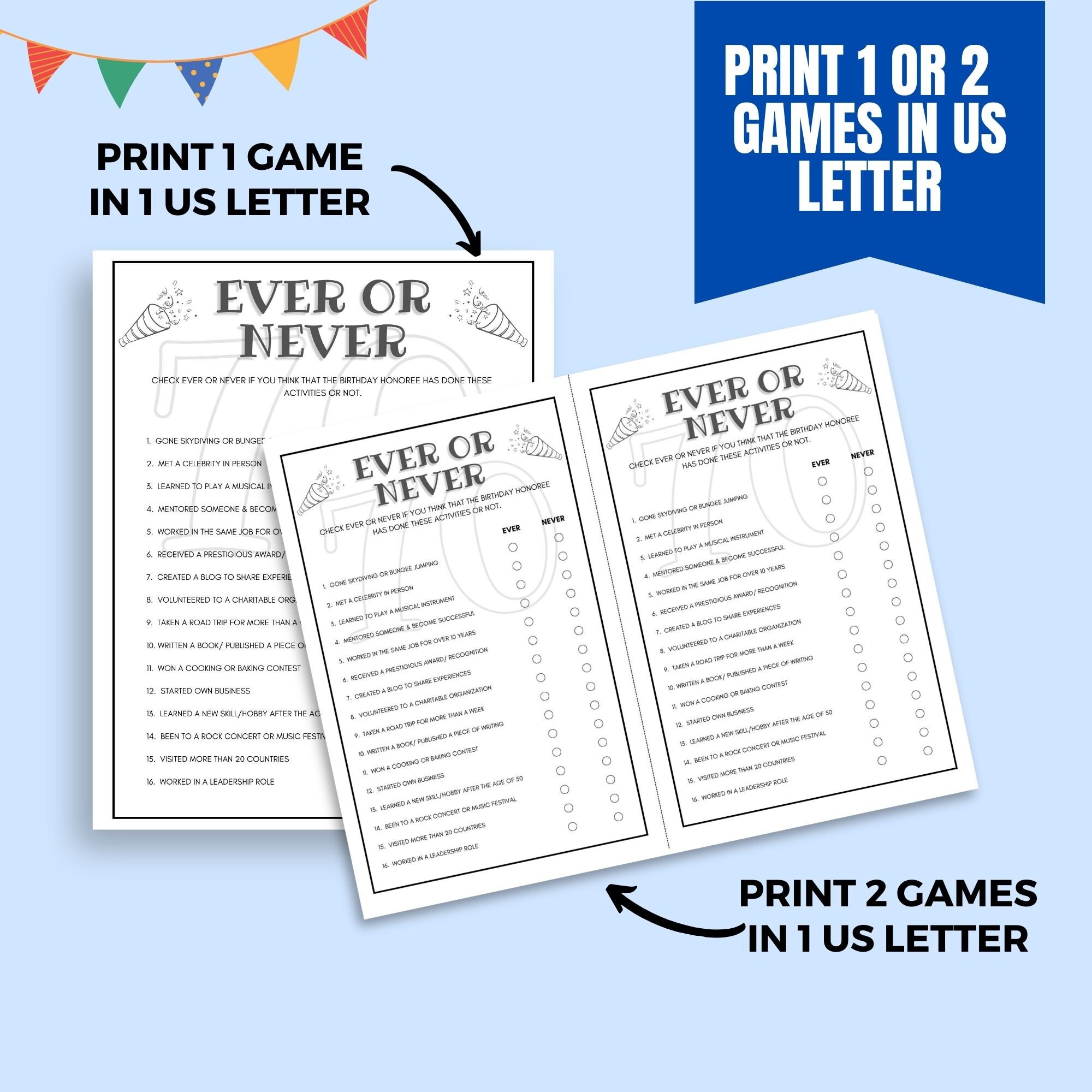 Ever or Never Birthday Game Printable 70th Birthday Party Game 70th ...