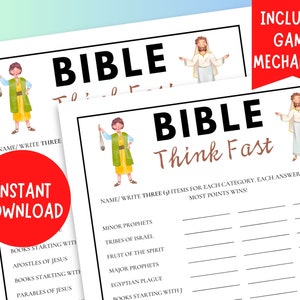 May include: A printable Bible Think Fast game with a black and white design. The game includes categories such as books starting with, apostles of Jesus, and tribes of Israel. The game is designed for multiple players and includes instructions to write three items for each category.