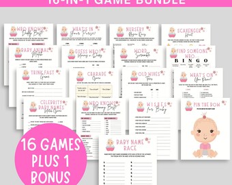 May include: A pink and white printable baby shower game bundle with 16 games and 1 bonus game. The games include "Who Knows Daddy Best", "What's in Your Purse", "Nursery Rhyme Quiz", "Scavenger Hunt", "Baby Animal Match", "Guess Who Mommy or Daddy", "Word Scramble", "Think Fast Game", "Charade Game", "Old Wives Tales", "Find Someone Who... Bingo", "What's on Your Phone", "Celebrity Baby Names Trivia Game", "Who Knows Mommy Best", "Wishes for Baby", "Pin the Bow", and "Baby Name Race".