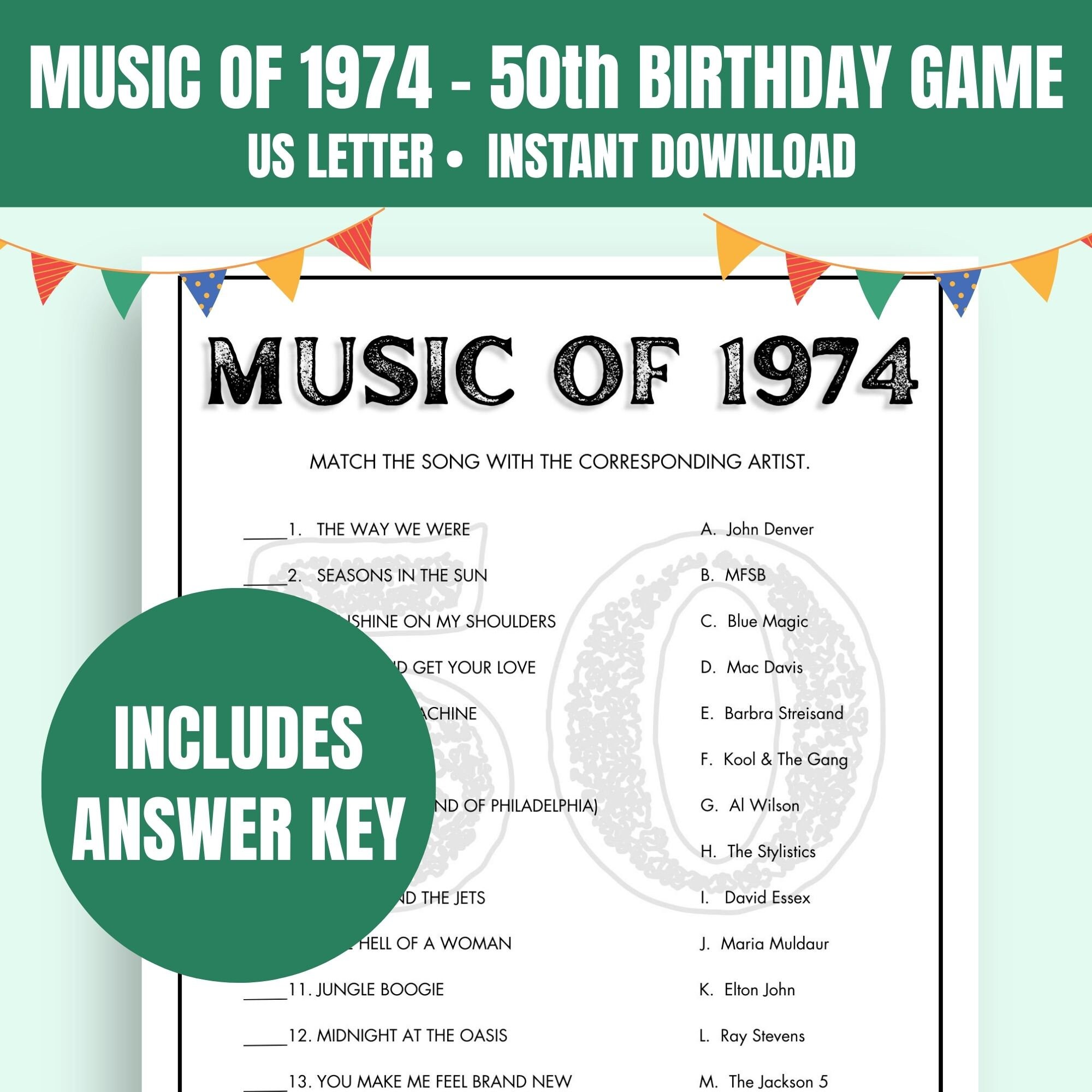 Music of 1974 Trivia Game Printable 50th Birthday Party Game 50th ...